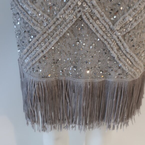 Womens Aidan Mattox Gray Silver Sequin Cap Sleeve Midi Sheath Pencil Dress 14 - Picture 5 of 16